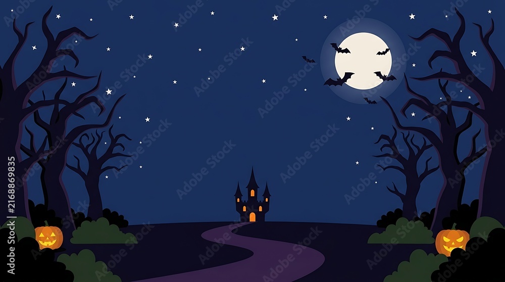 Fototapeta premium A spooky halloween night scene with a witch silhouetted trees a glowing moon and a winding path for festive decorations and backgrounds