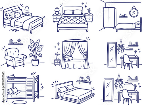 Bild auf Leinwand Set of hand drawn blue line sketches showing various bedroom interiors with beds