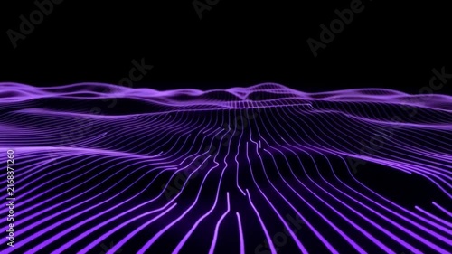 Violet luminous contour lines flow across a moving 3D topographic surface.