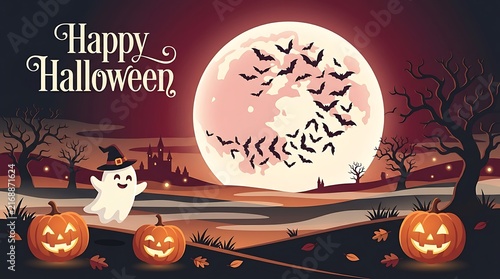 A spooky and delightful halloween scene with a glowing moon bats jack o' lanterns and a friendly ghost for all to enjoy
