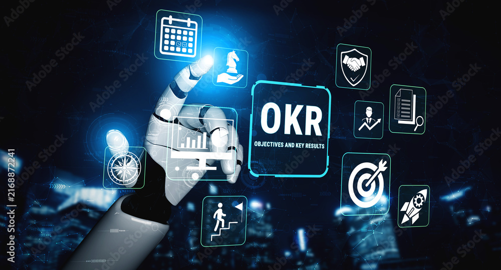 Obraz premium Digital Hand Interacting with Icons Representing Objectives and Key Results in a Futuristic Business Environment for Performance Management Fluxor.
