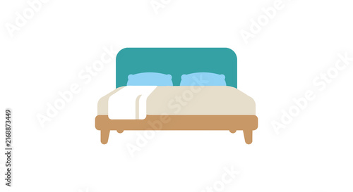 Flat vector illustration of a teal headboard bed with pillows and white bedding