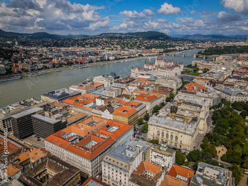 Aerial View of Budapest with Hungarian Parliament Building and Danube River on a Sunny Day