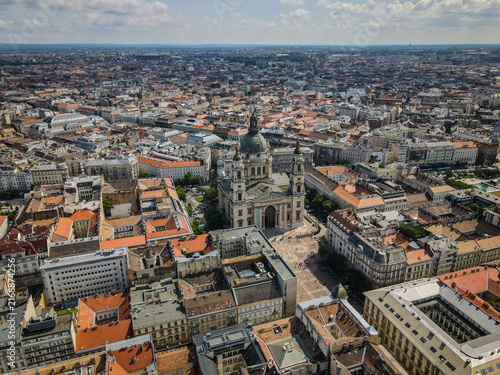 Aerial View of St. Stephen's Basilica and Budapest Cityscape on a Bright Sunny Day