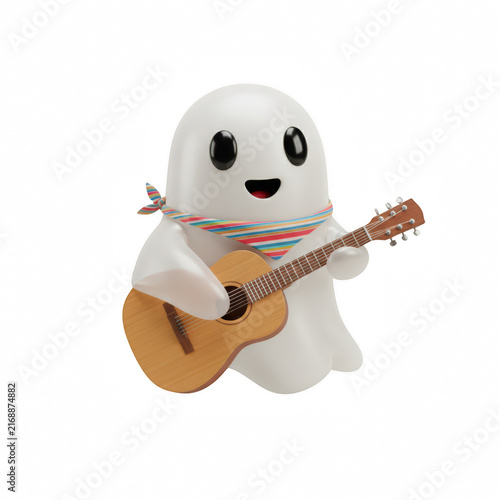 A cute little white ghost character playing a small wooden acoustic guitar while wearing a colorful scarf