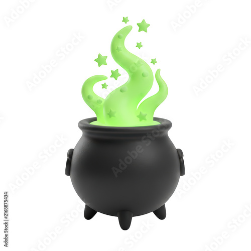 Fotografía Black magic cauldron with glowing green potion smoke and floating stars for hall