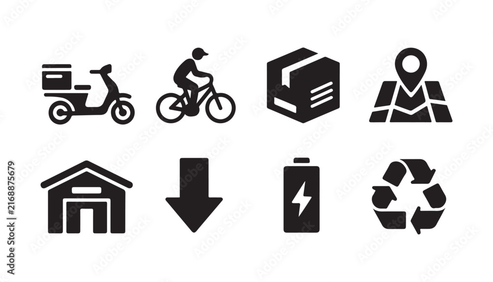 Obraz premium Logistics and delivery service icons including scooter bicycle box map location warehouse arrow battery.