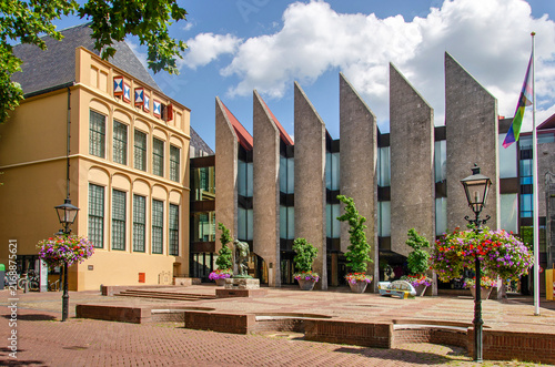 Zwolle, The Netherlands, August 1, 2026: the old and more recent part of the city's town hall and adjacent square