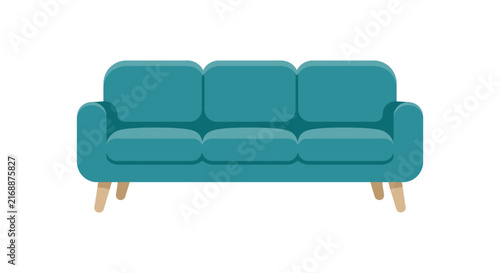 Turquoise three seater sofa illustration with wooden legs on a white background