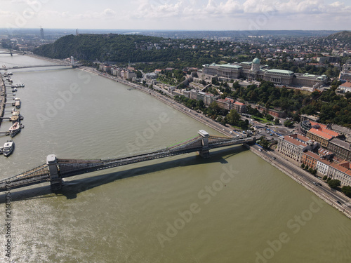 Editorial Use Only - Aerial view of Szechenyi Chain Bridge crossing Danube River in Budapest, Hungary