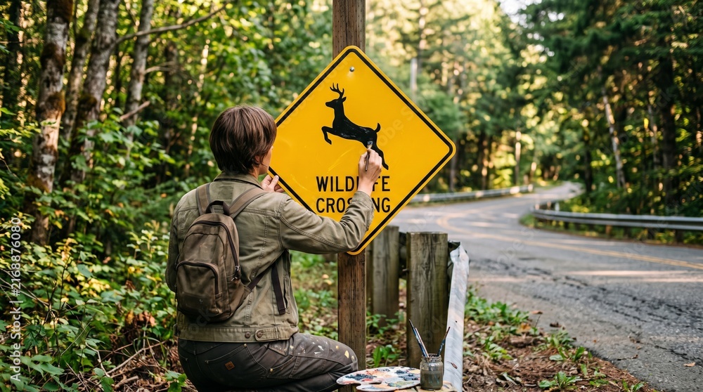 Naklejka premium A person paints a deer on a wildlife crossing sign by a forest road. Concept emphasizes wildlife conservation, outdoor art, and environmental awareness. Generative AI.