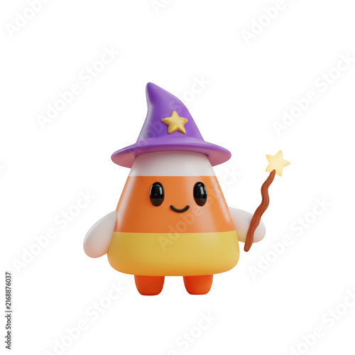 Cute candy corn character wearing a purple wizard hat and holding a magic wand for a fun halloween celebration
