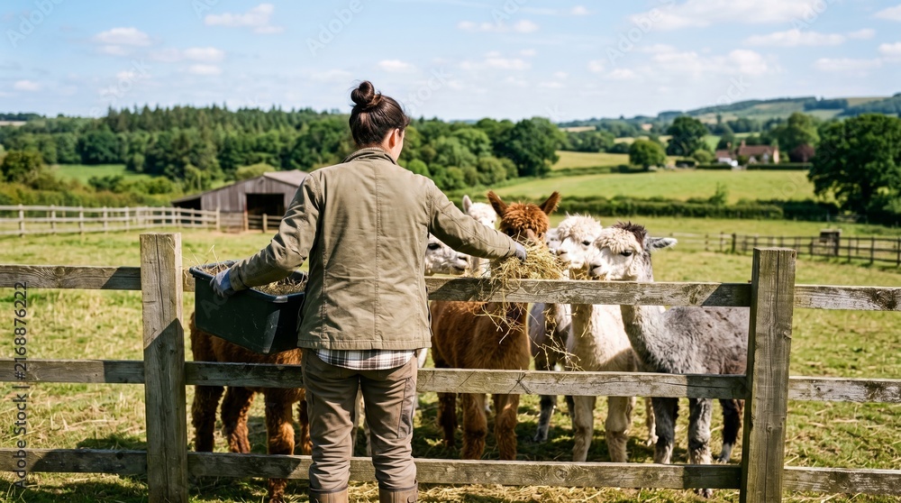 Naklejka premium A person is feeding hay to alpacas on a rural farm. Concept agriculture, animal husbandry, sustainable living, and world animal day appreciation. Generative AI.