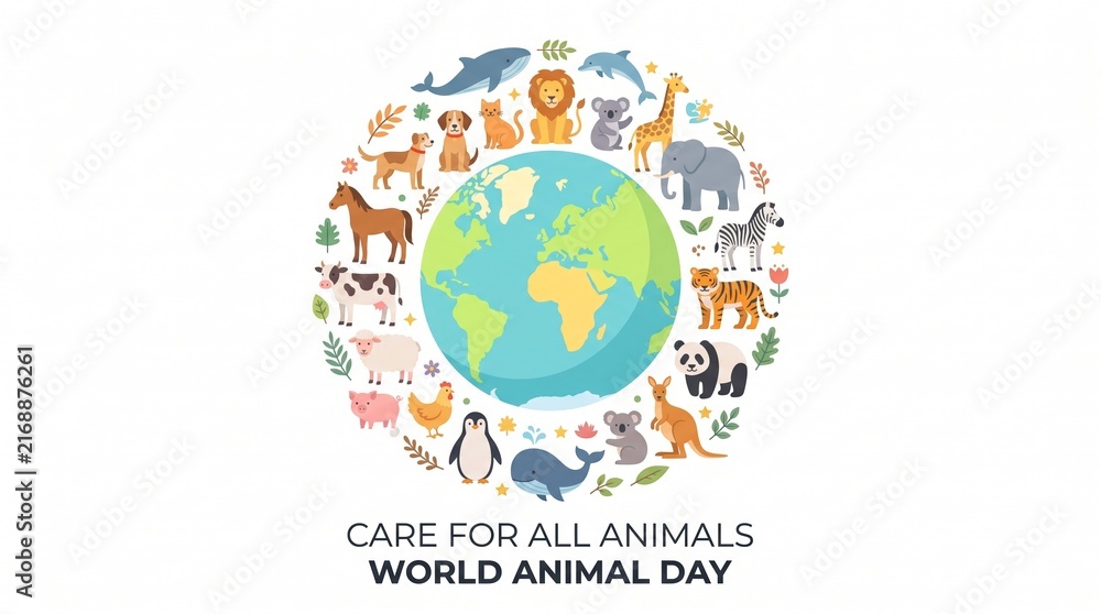 Naklejka premium Colorful illustration shows Earth surrounded by wild and domestic animals for World Animal Day. Concept animal welfare and conservation for campaigns, posters and editorial use. Generative AI.