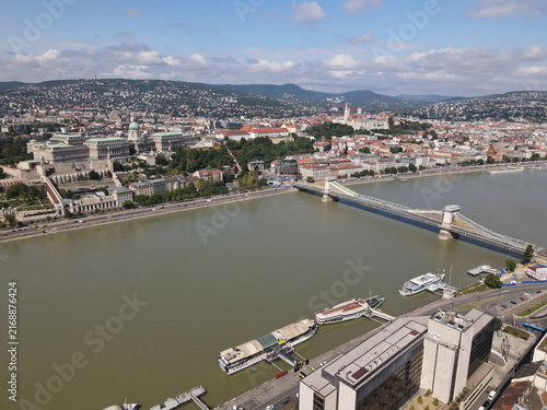 Editorial Use Only - Aerial view of Danube River, Buda Castle, and Chain Bridge in Budapest
