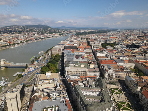 Editorial Use Only - Aerial panorama view of Chain Bridge, Danube River, and Budapest city buildings