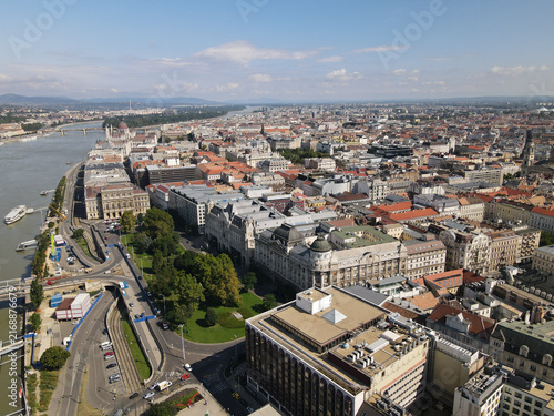 Aerial View of Budapest Cityscape and Danube River Towards Hungarian Parliament Building