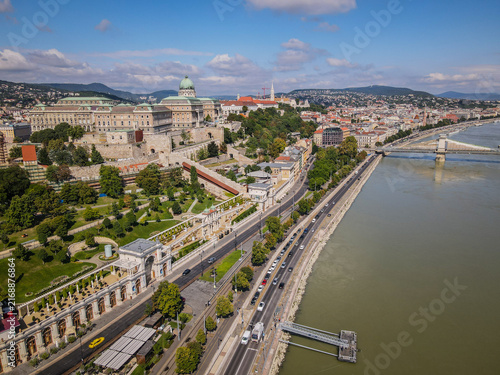 Aerial View of Buda Castle and Chain Bridge Spanning the Danube River in Budapest