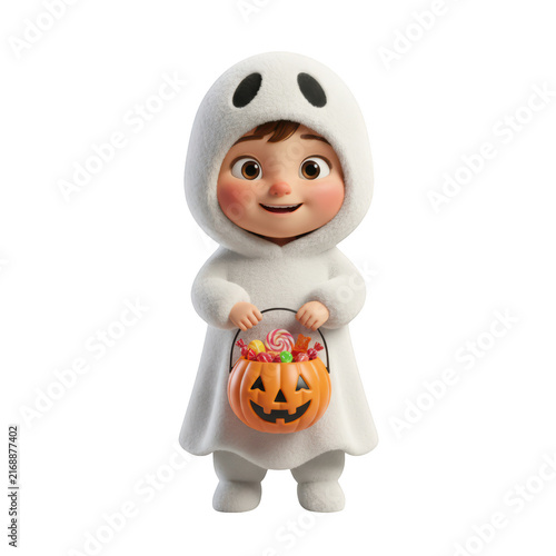 Cute little baby wearing a soft white ghost costume holding a small orange pumpkin bucket full of candy treats