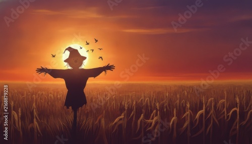 Scarecrow Silhouette at Sunset in a Wheat Field