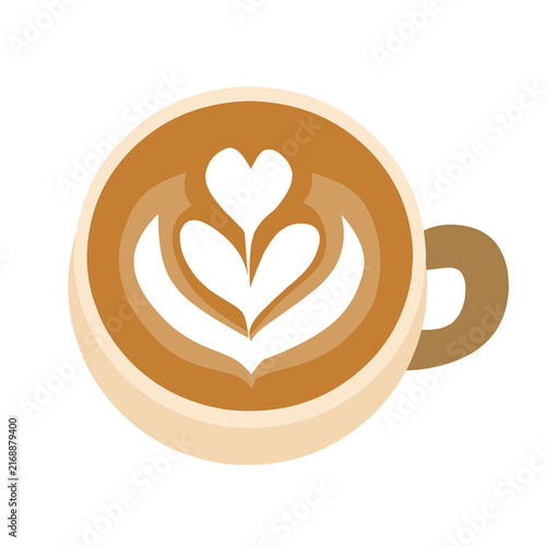 Top view of a coffee cup with artistic heart shaped latte art foam design isolated on a white background for cafe menu or barista concept