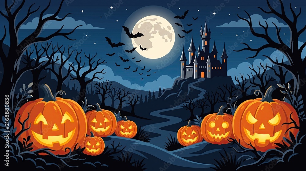 Fototapeta premium Spooky Halloween Castle Under Full Moon