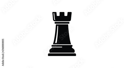 Foto Black chess rook silhouette stands against a plain white background