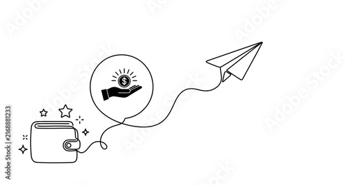 Wallet with money icon and paper plane line art illustration