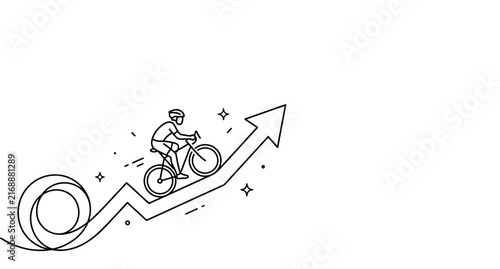 Continuous line drawing of a cyclist riding a bicycle uphill on an upward arrow graph