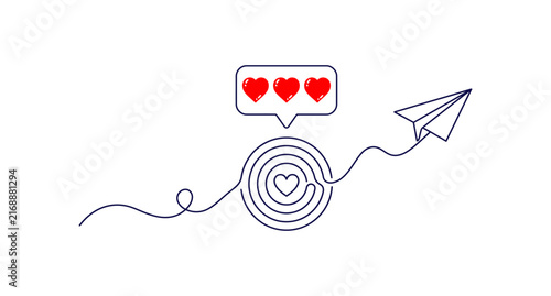 Continuous line drawing of a paper plane flying towards a target with heart icons