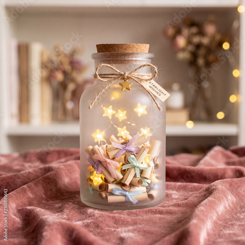 Frosted glass wish jar filled with paper scrolls, pastel ribbon bows, and glowing star fairy lights on pink velvet fabric