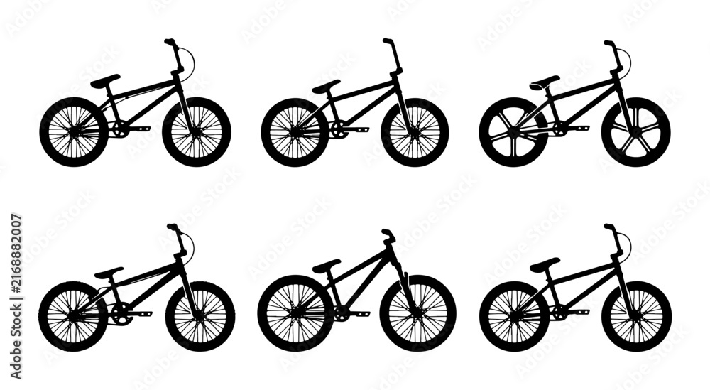 Fototapeta premium BMX Bike Silhouettes, Bicycle Icons Set, Cycling Sport Vector Graphics, Freestyle BMX Collection