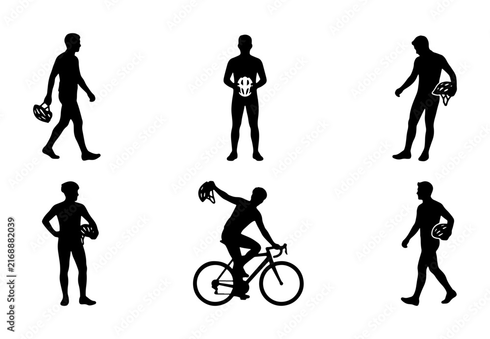 Obraz premium Cyclist Silhouette Collection, Active Man Poses, Sports Icon Set, Cycling Lifestyle Vector Graphics