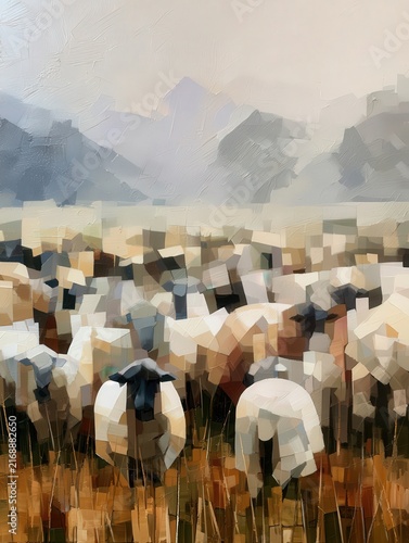 Abstract sheep flock in a misty mountain landscape painting