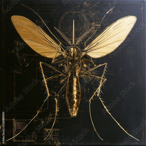 Intricate golden mosquito blueprint with mechanical details on black background