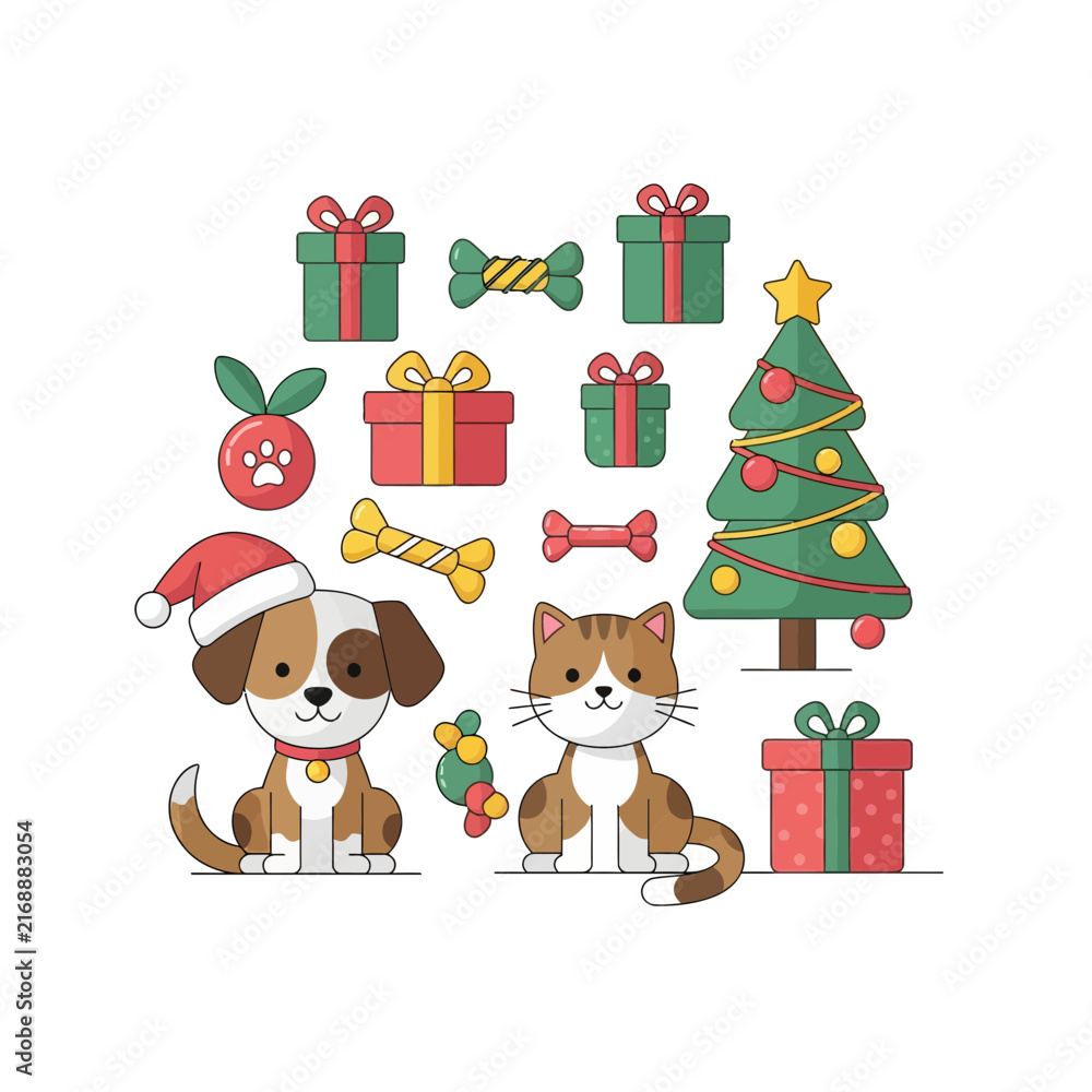 Fototapeta premium Flat vector illustration of festive pets with gifts and tree