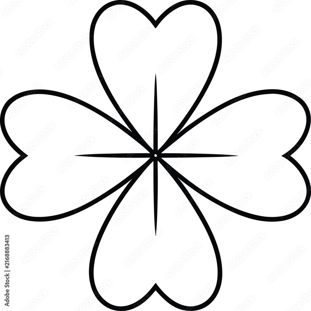 Fototapeta premium Vector line art five-leaf clover symbol. Minimalist shamrock and horseshoe lucky charm set. Black and white outline logo for St. Patrick's Day and textile.
