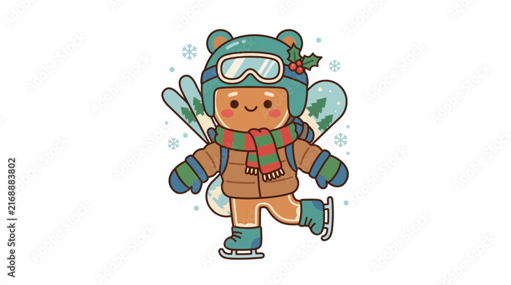 Fototapeta premium Gingerbread man character ice skating in winter gear.