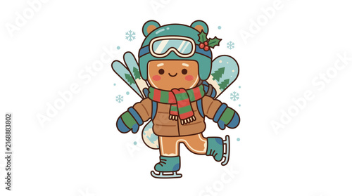 Gingerbread man character ice skating in winter gear.