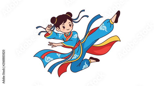 Girl in blue robe performing flying kick.
