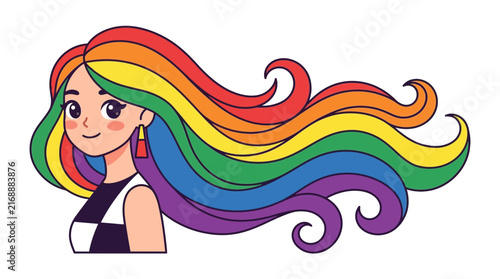 Girl with long flowing vibrant rainbow colored hair.