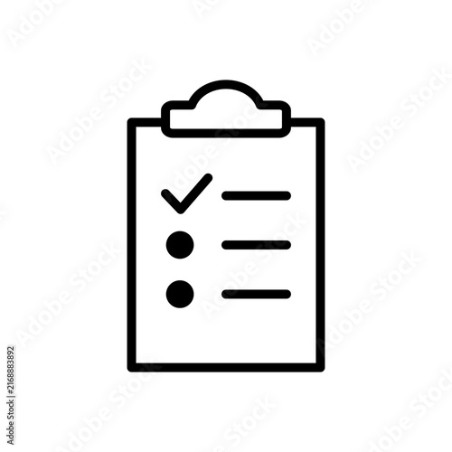 Minimalist black and white vector icon of a clipboard with a checklist.