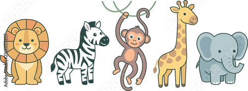 Photography Cute cartoon safari animals set including a lion zebra monkey giraffe and elepha