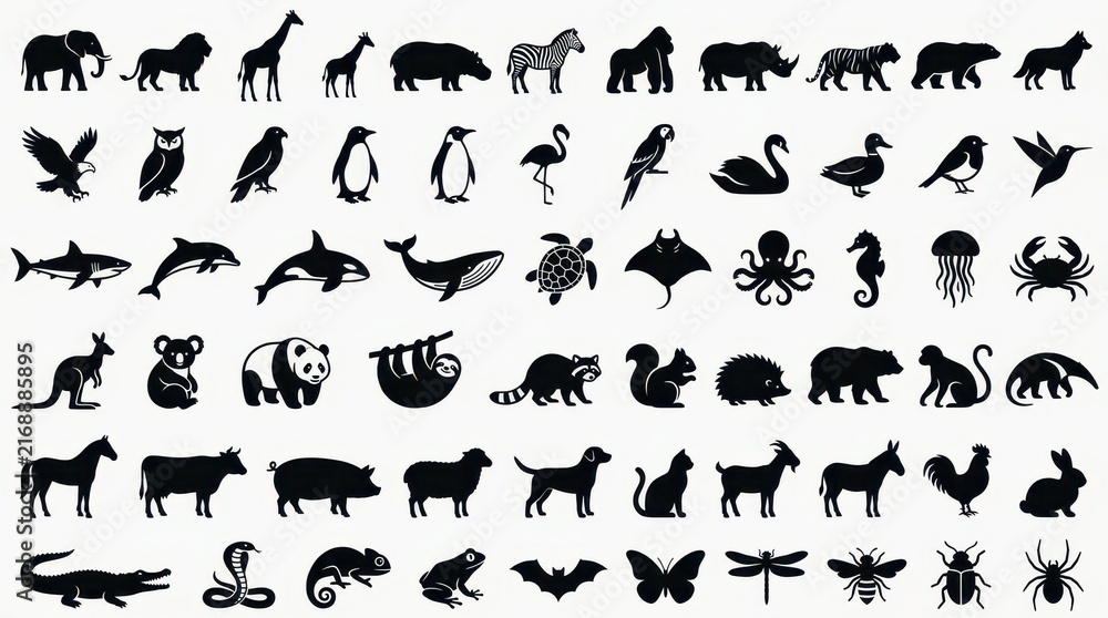 Naklejka premium Large Collection of Animal Silhouettes Vector Icons Set - Wild, Farm, Sea, and Insect Species for Design