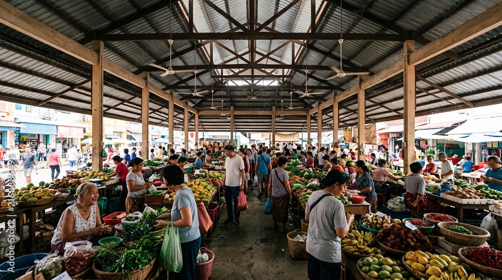 Obraz premium Busy local fresh food market with vendors and buyers shopping