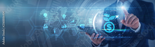 Financial advisor pointing investment portfolio. Investor using tab analyzing asset allocation model and capital yield trajectory on hologram screen. Wealth management and investment.