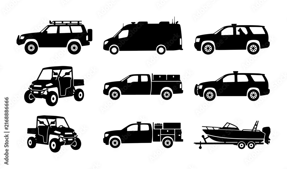Fototapeta premium Vehicle Icons Set: SUV, Van, Truck, ATV, Boat Silhouettes for Transport and Logistics