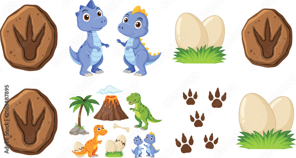 Obraz premium Cute Dinosaur Discovery Adventure Illustration with Fossil Footprints, Eggs, Hatchlings, Volcano, Palm Tree and Prehistoric Elements