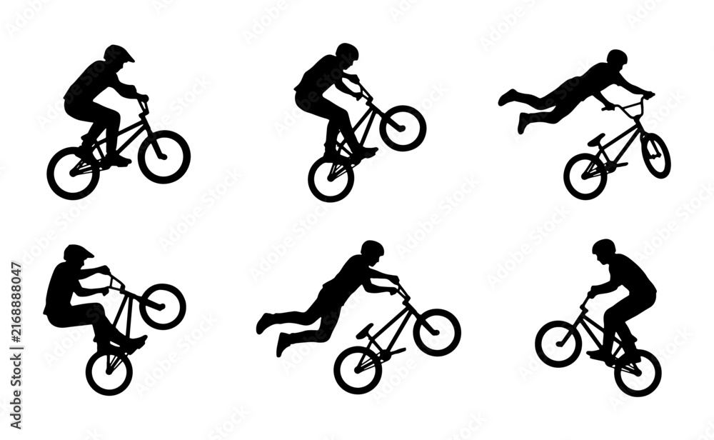 Obraz premium BMX Bike Rider Silhouettes, Extreme Sports Action Poses, Cycling Freestyle Vector Set