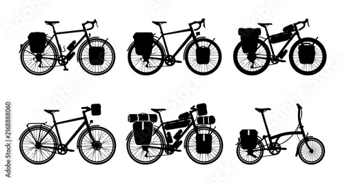 Bild auf Leinwand Bicycle Touring Icons, Adventure Bike Silhouettes, Travel Gear Vector Set
